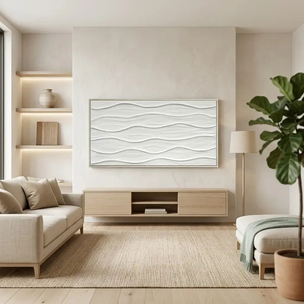 Modern living room with a beige sofa, wooden TV stand, and decorative wall art.