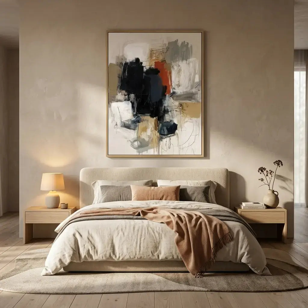 Modern bedroom with abstract art on the wall, bed with beige and brown bedding, and side tables.