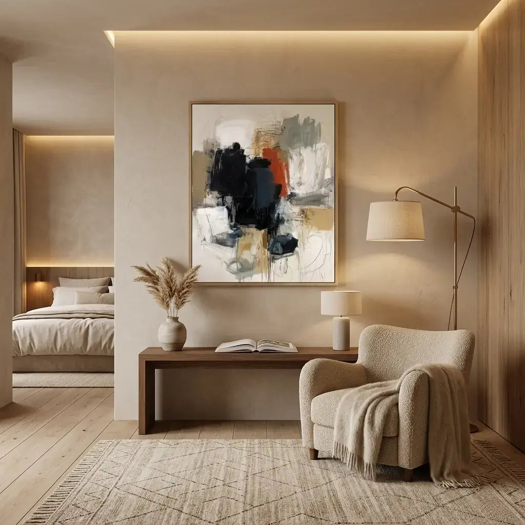 Modern bedroom with abstract art, armchair, and wooden table.