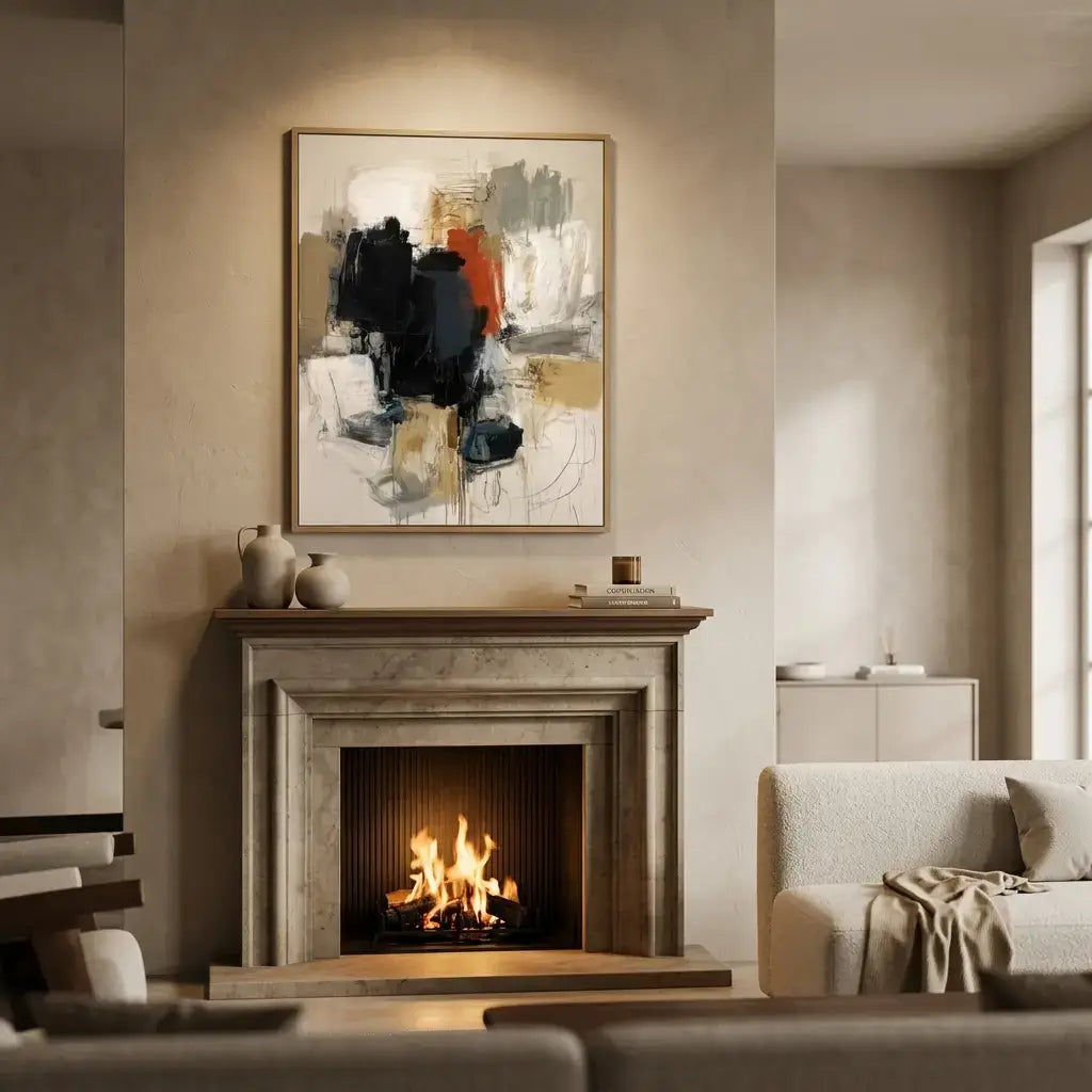 Living room with a fireplace, abstract painting, and modern decor.