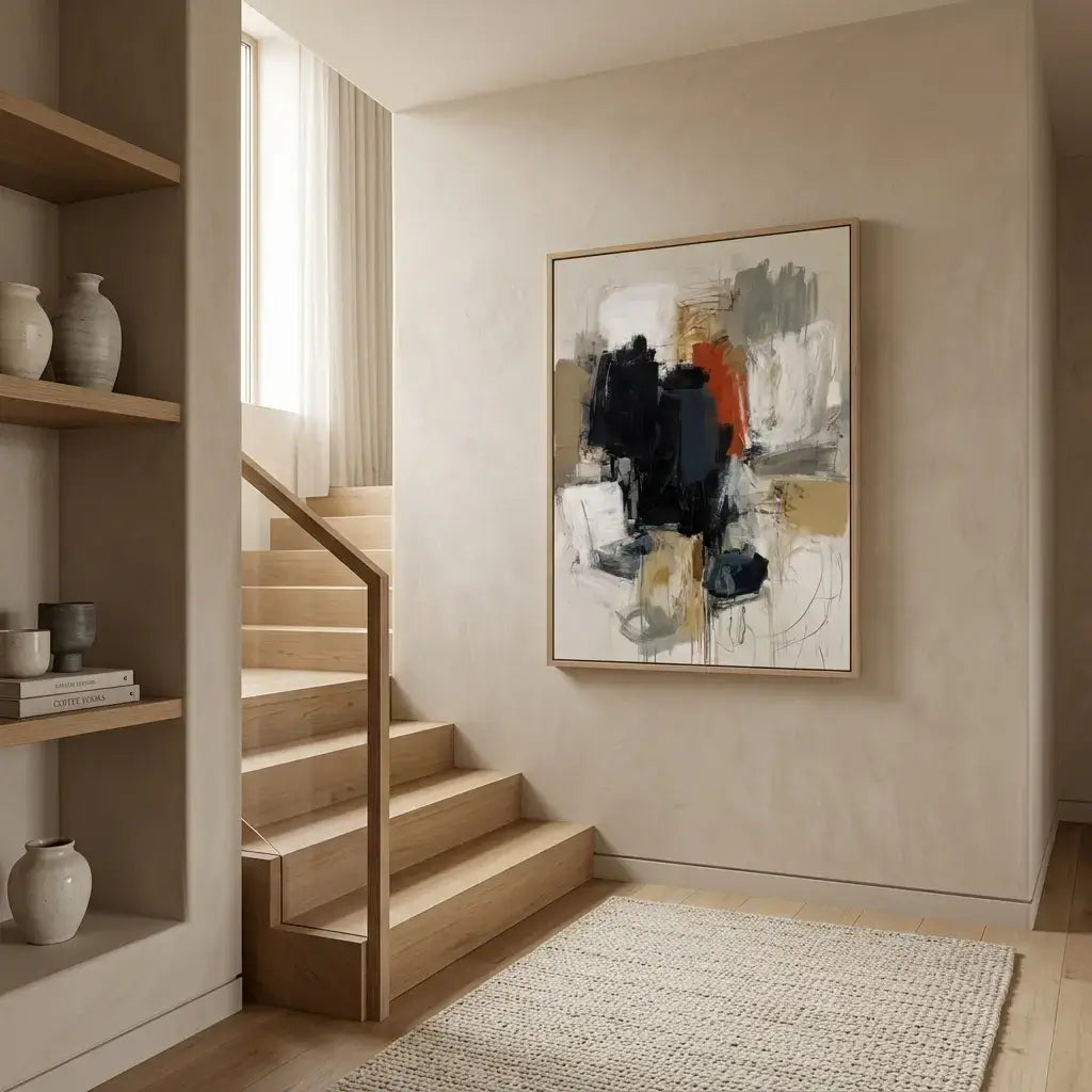 Staircase with a modern abstract painting on the wall in a home interior.