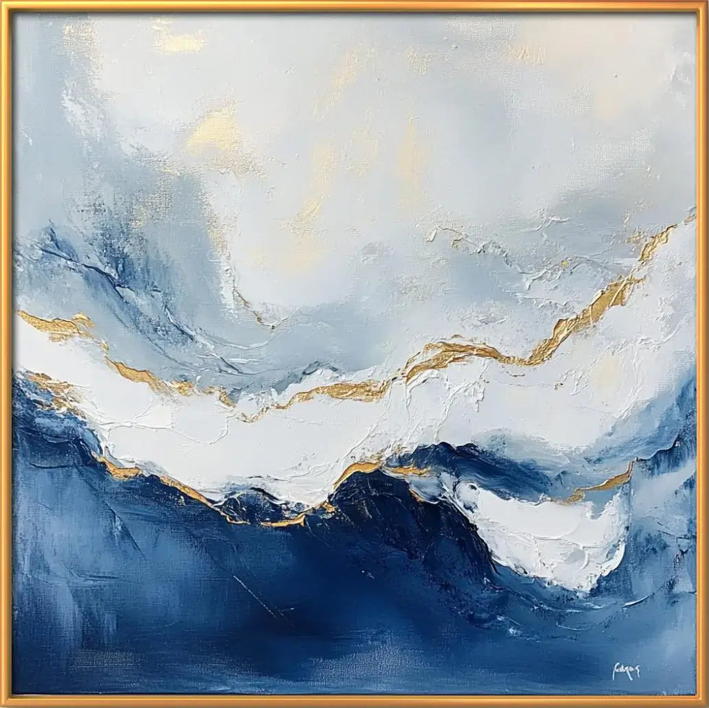 Abstract painting with blue, white, and gold tones in a gold frame.
