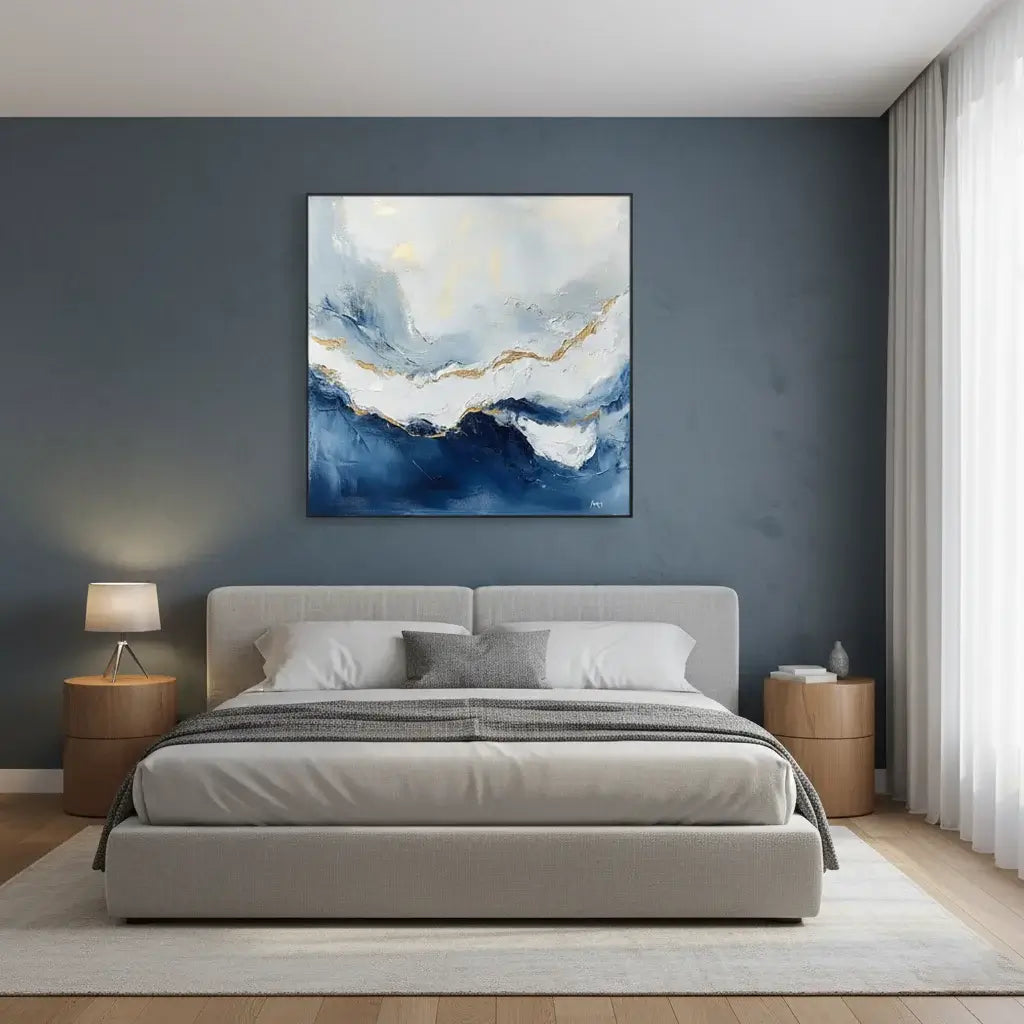Modern bedroom with a bed, nightstands, and abstract wall art.