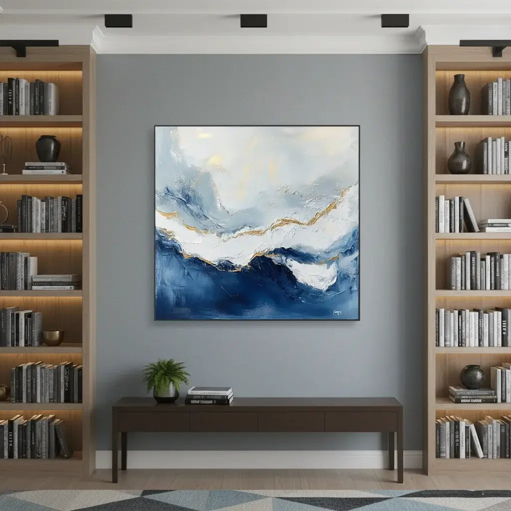 Abstract painting on a gray wall with bookshelves on either side