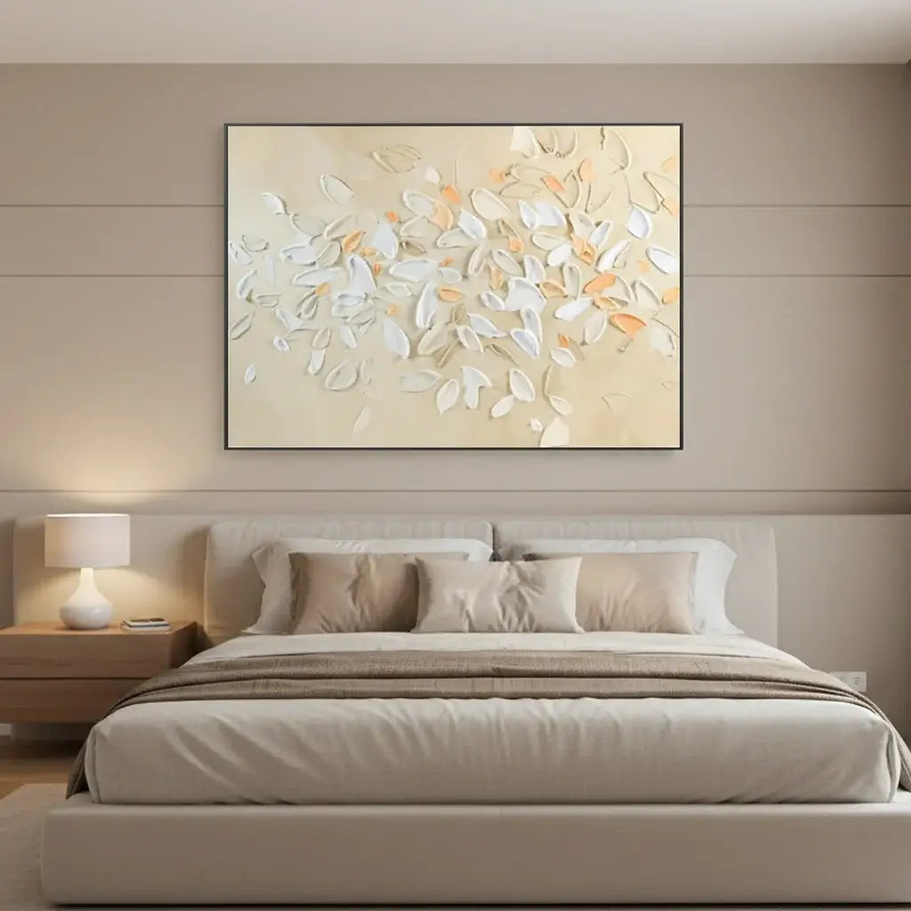 Modern bedroom with a bed and abstract wall art
