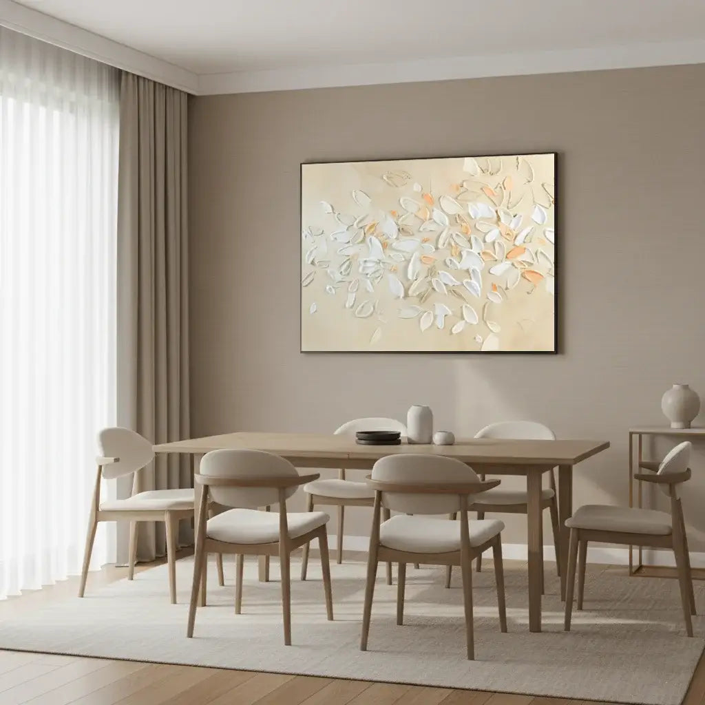 Dining room with wooden table and chairs, abstract painting on the wall.