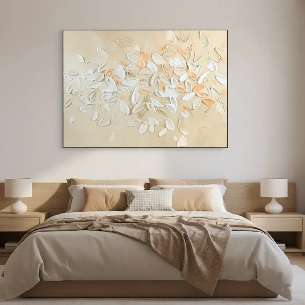 Decorative abstract painting above a bed in a bedroom setting