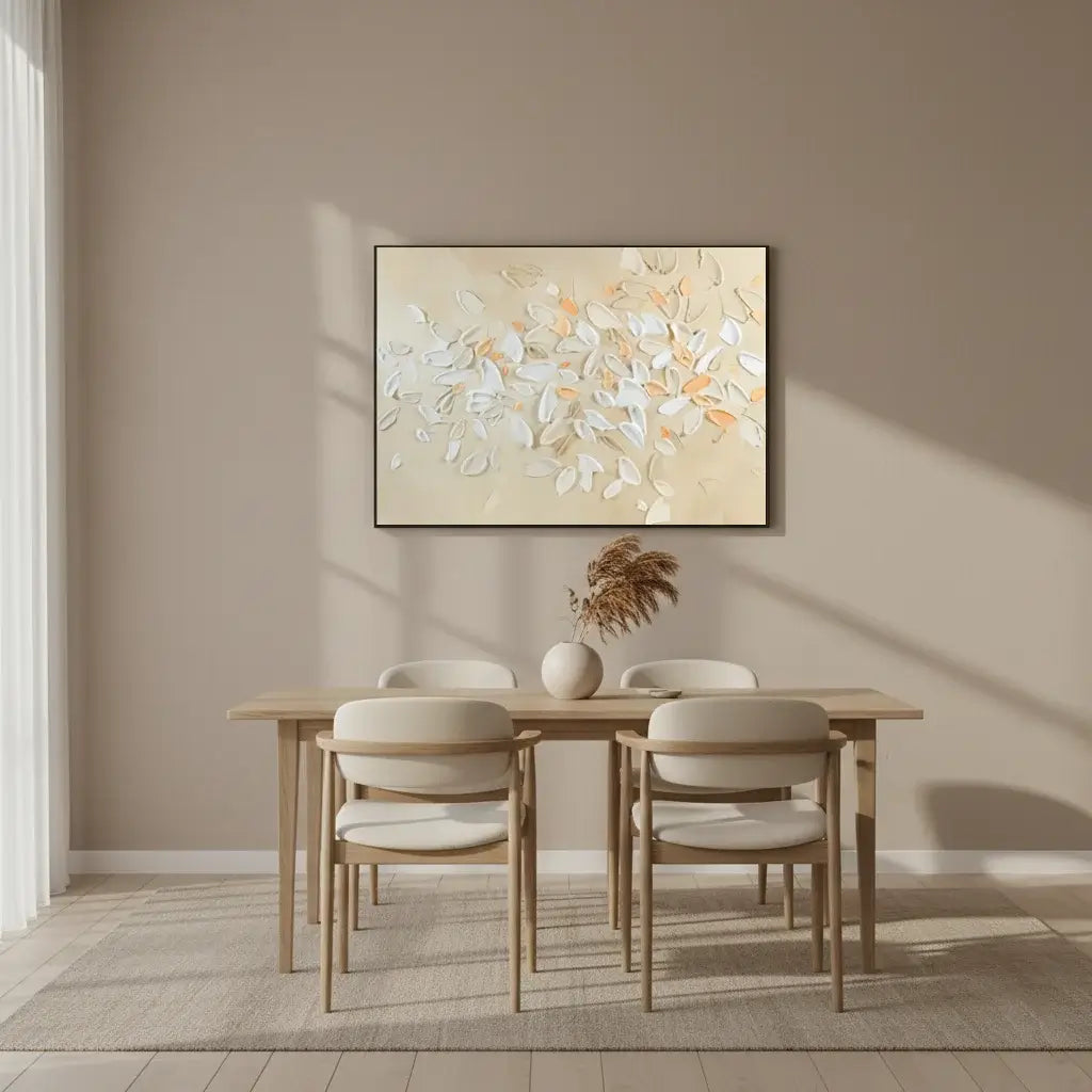 Dining room with wooden table and chairs, abstract floral painting on the wall.