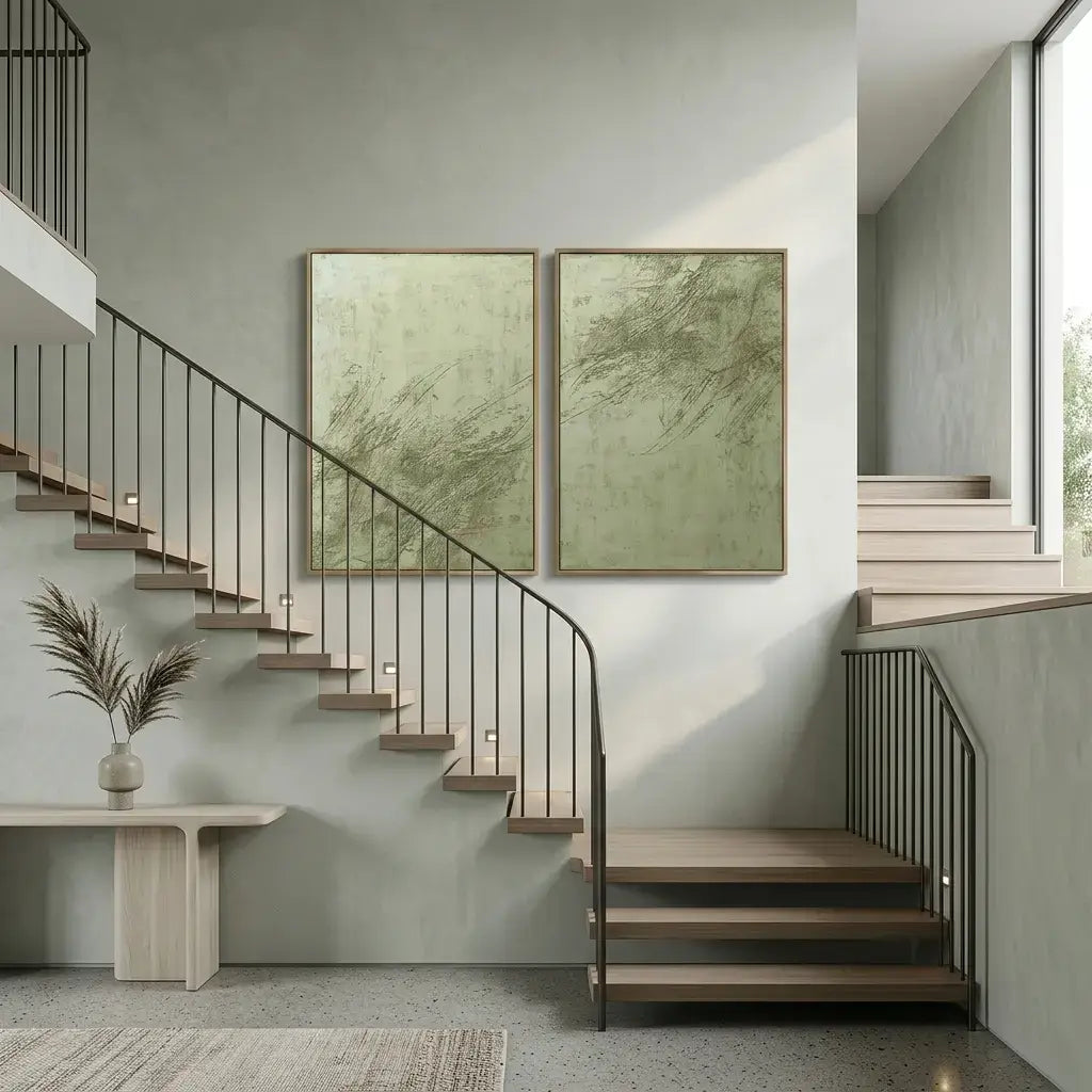 Modern staircase with metal railings and two framed artworks on a light green wall.