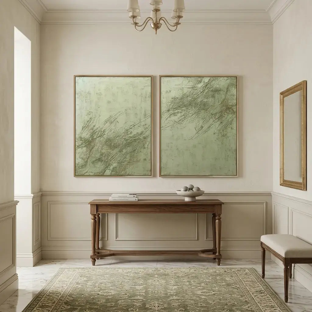 Elegant interior with a wooden console table, two green abstract paintings, and a mirror.