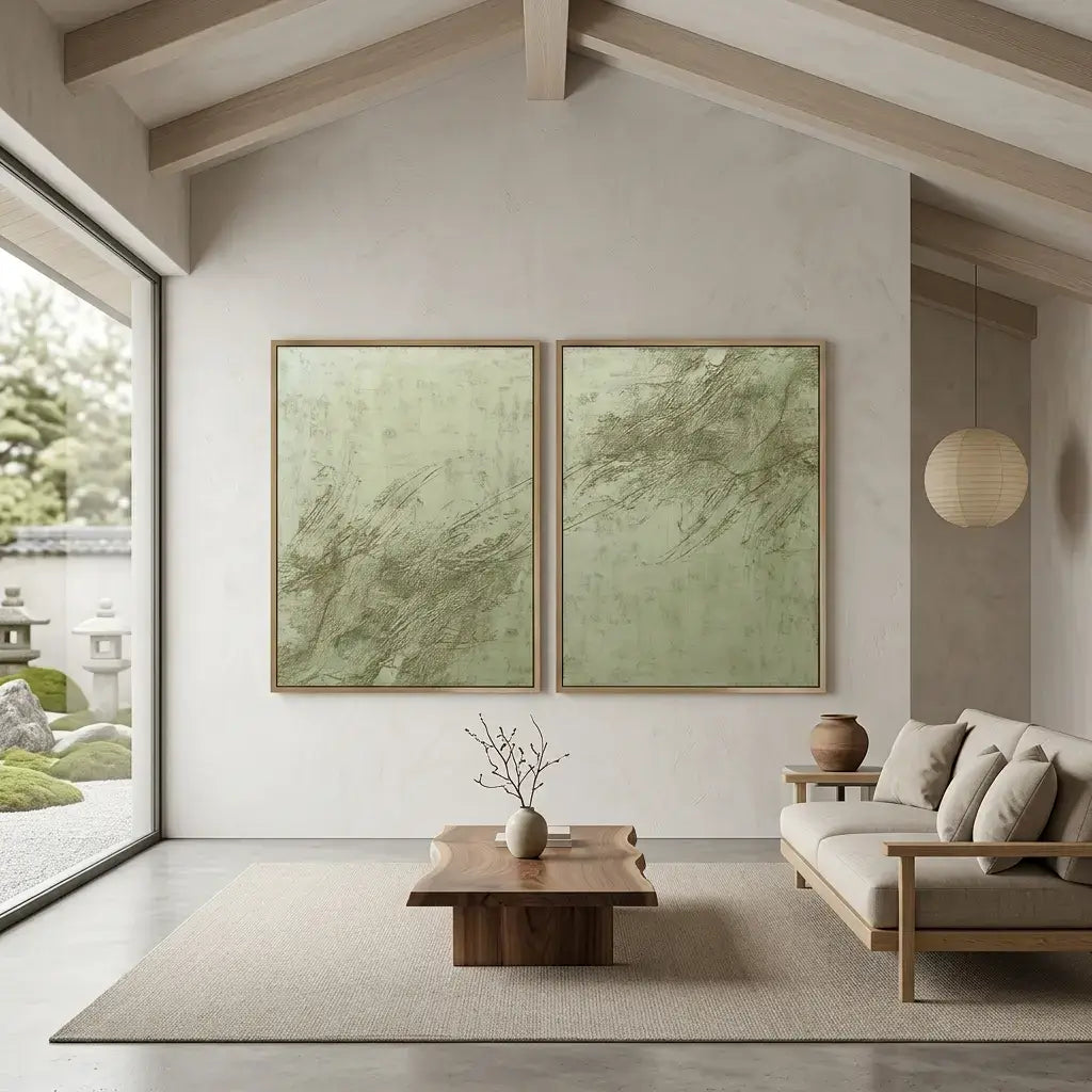 Modern living room with two framed artworks on the wall, a wooden coffee table, and a sofa.