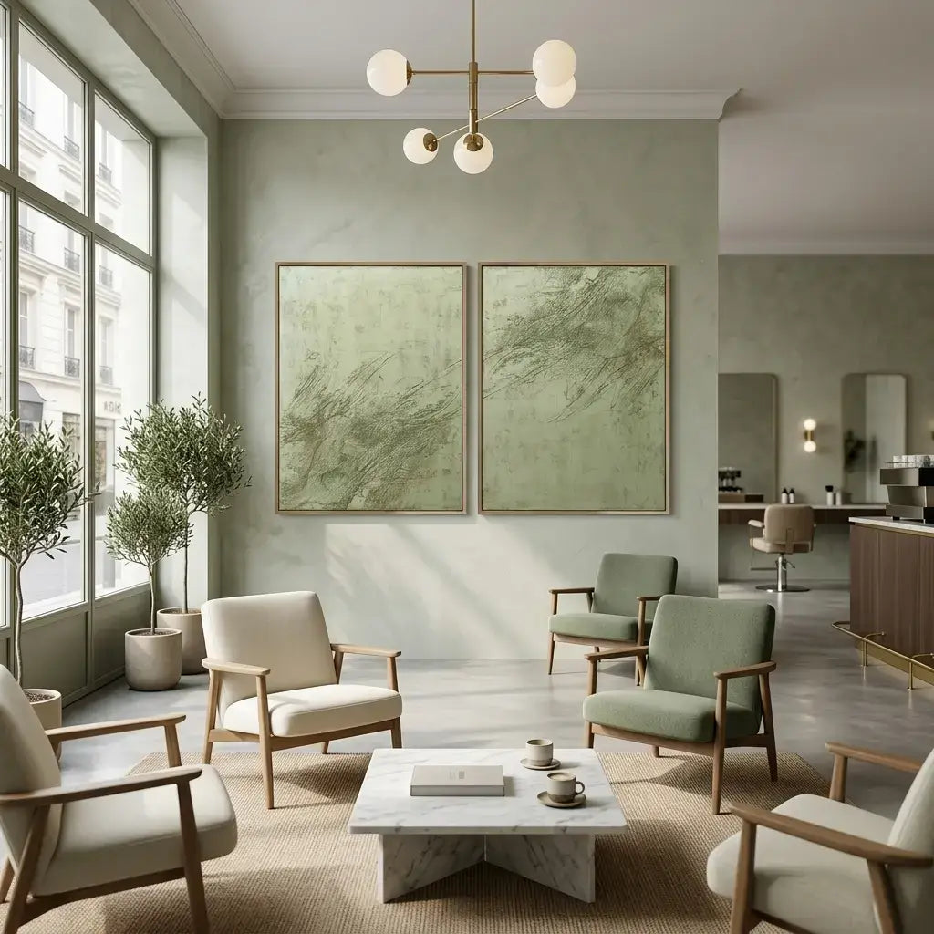 Modern living room with neutral color scheme, light wood furniture, and large windows.