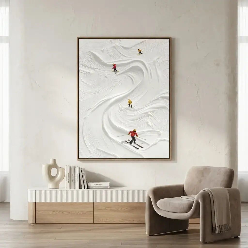 Framed artwork of skiers on a snowy landscape in a modern living room.