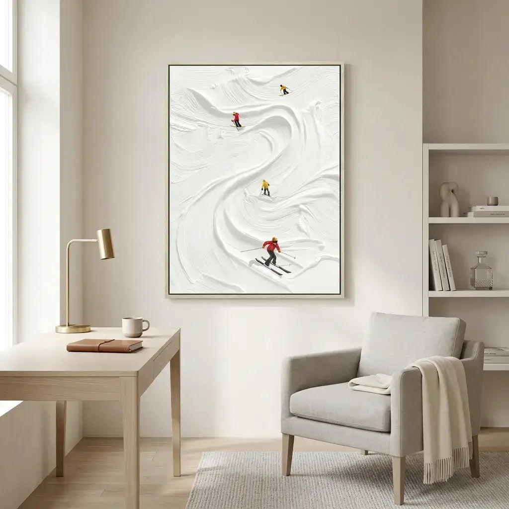 Modern interior with a chair, table, and abstract art on the wall