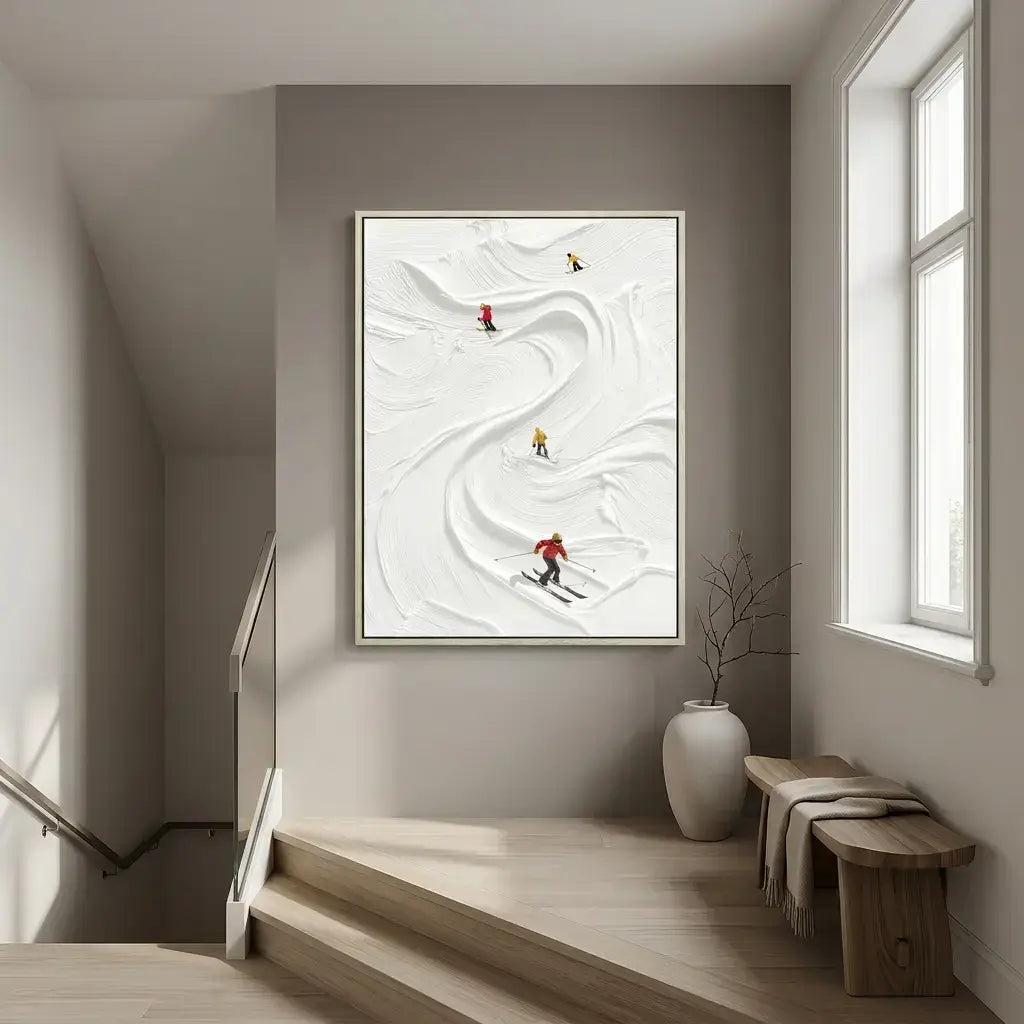 Modern interior with a framed abstract artwork on a wall, a bench, and a vase.