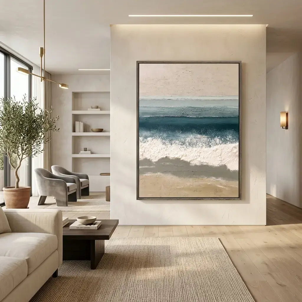 Modern living room with a large framed artwork of a beach scene.