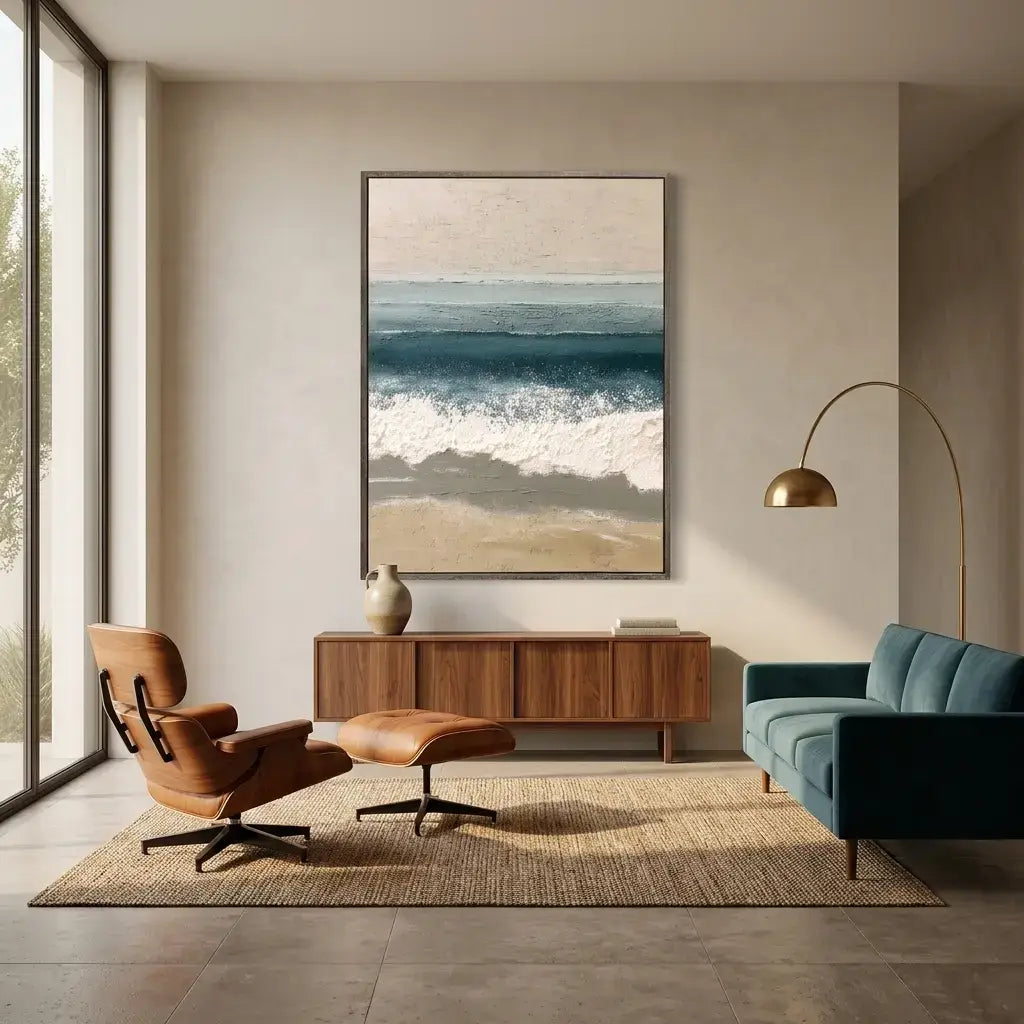 Modern living room with a brown armchair, ottoman, and blue sofa, featuring a large abstract painting on the wall.