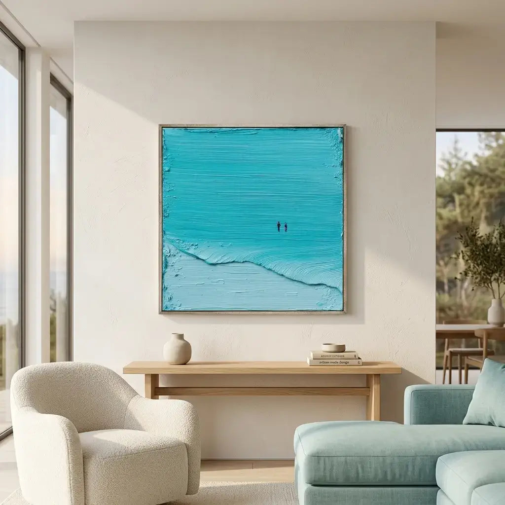 Modern living room with a large abstract blue painting on the wall.