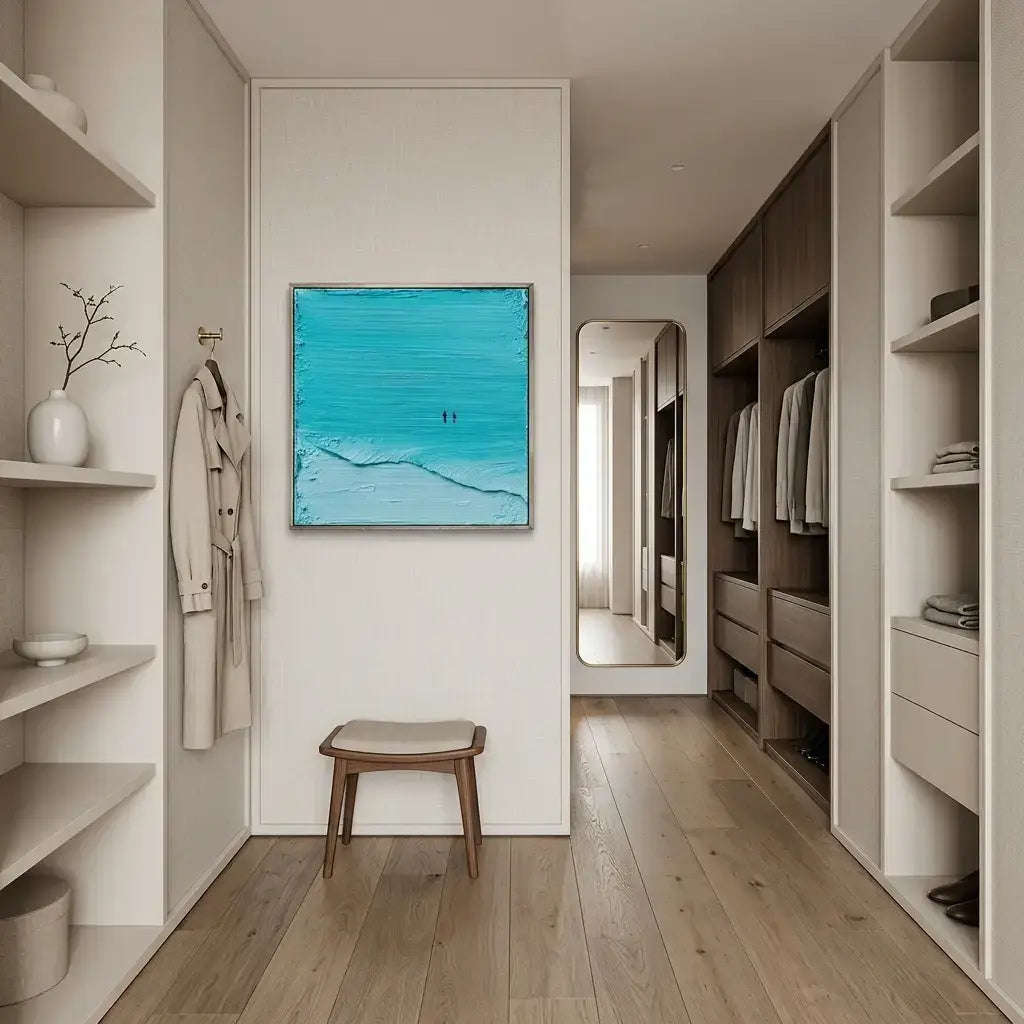 Modern walk-in closet with wooden floor, shelves, and a blue abstract painting.