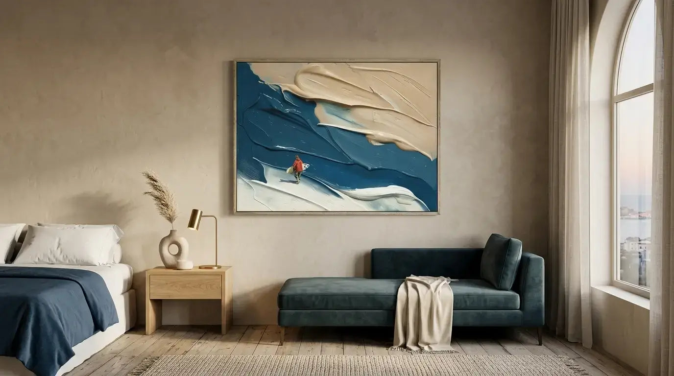 Modern living room with a blue sofa, abstract painting, and large window.