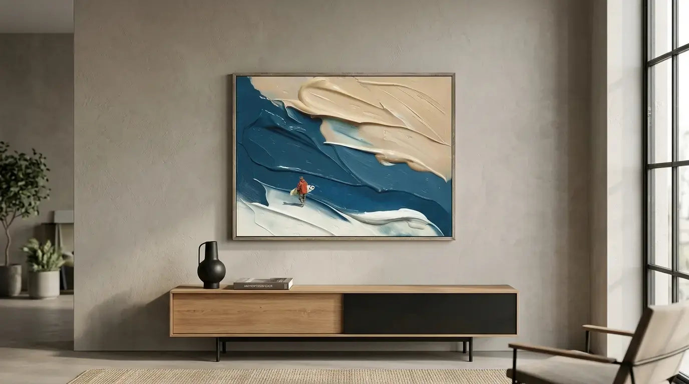 Modern living room with abstract painting on the wall and wooden console table.