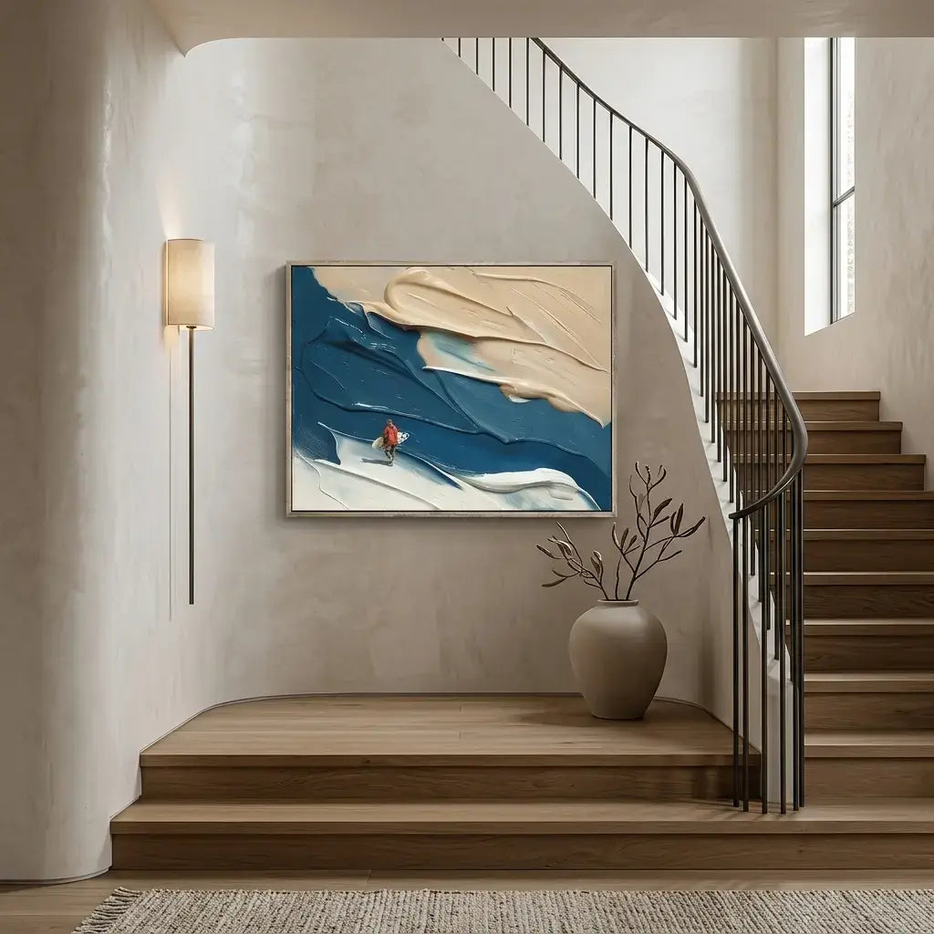 Staircase with abstract painting and vase in a modern interior setting