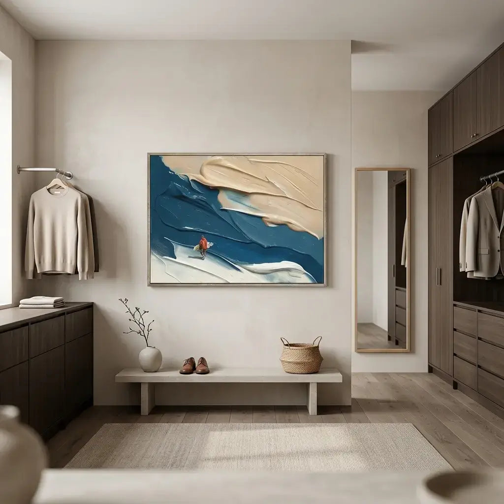 Modern interior with abstract art, bench, and clothing in a stylish room.