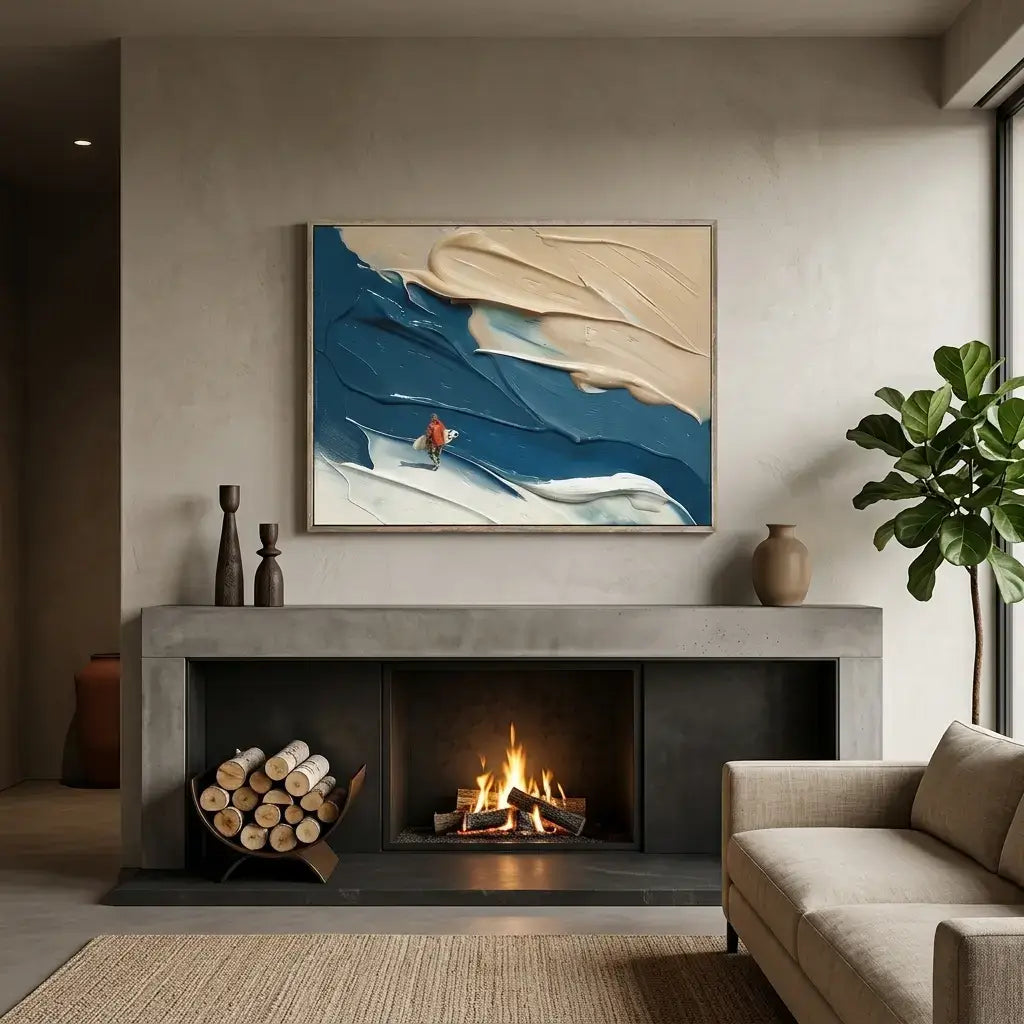 Modern living room with a fireplace, abstract painting, and decorative items.