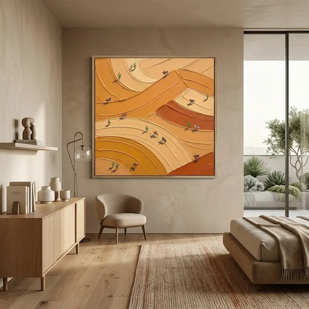 Modern living room with abstract wall art, wooden furniture, and a view of a garden.