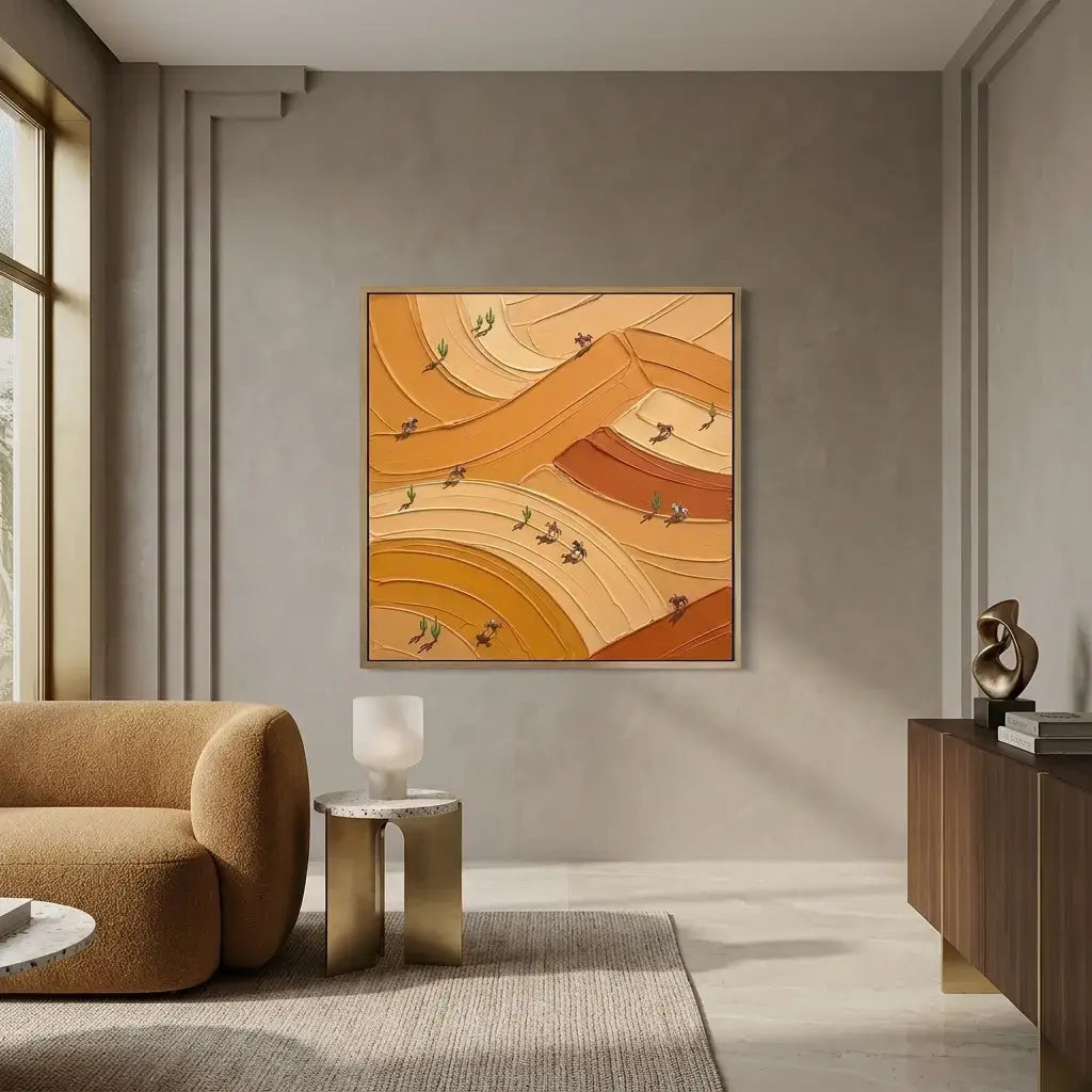 Modern living room with a brown sofa, abstract art on the wall, and a side table.