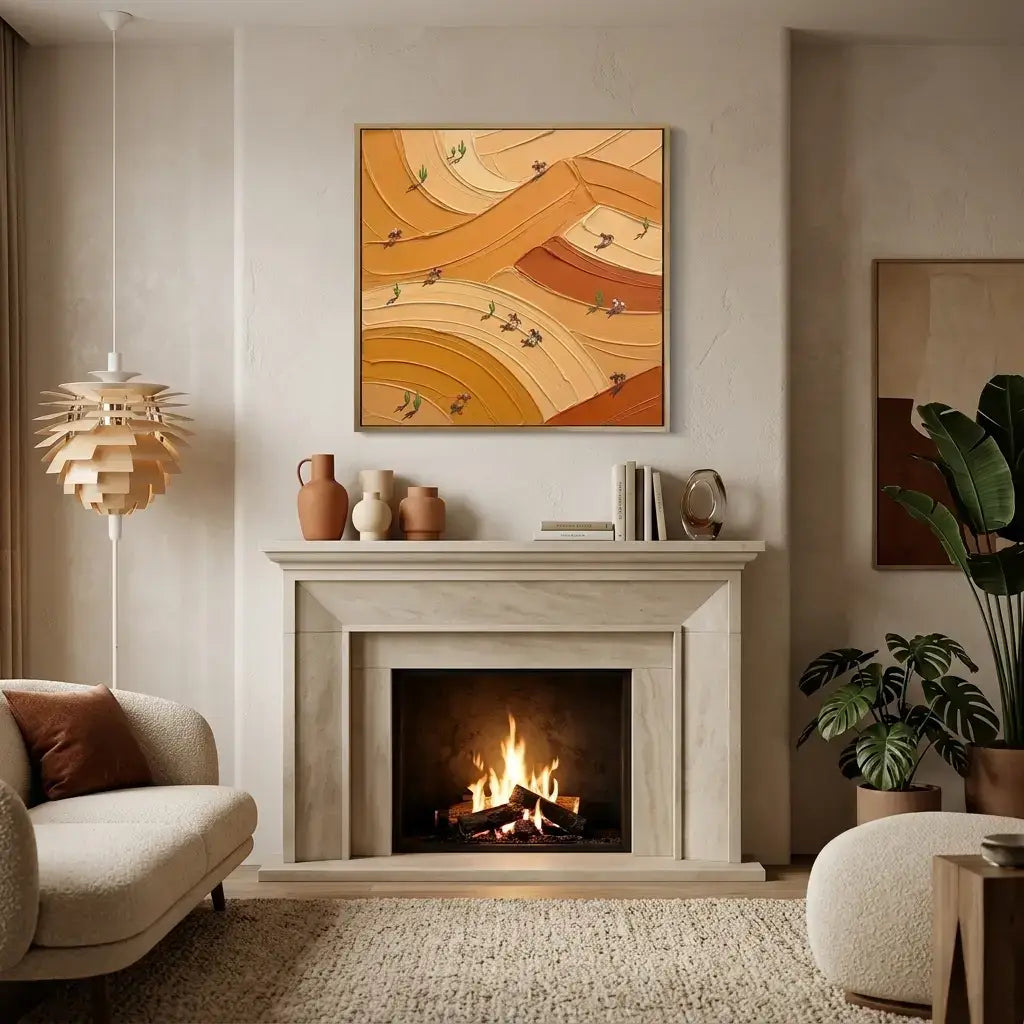 Living room with a fireplace, decorative painting, and modern decor.