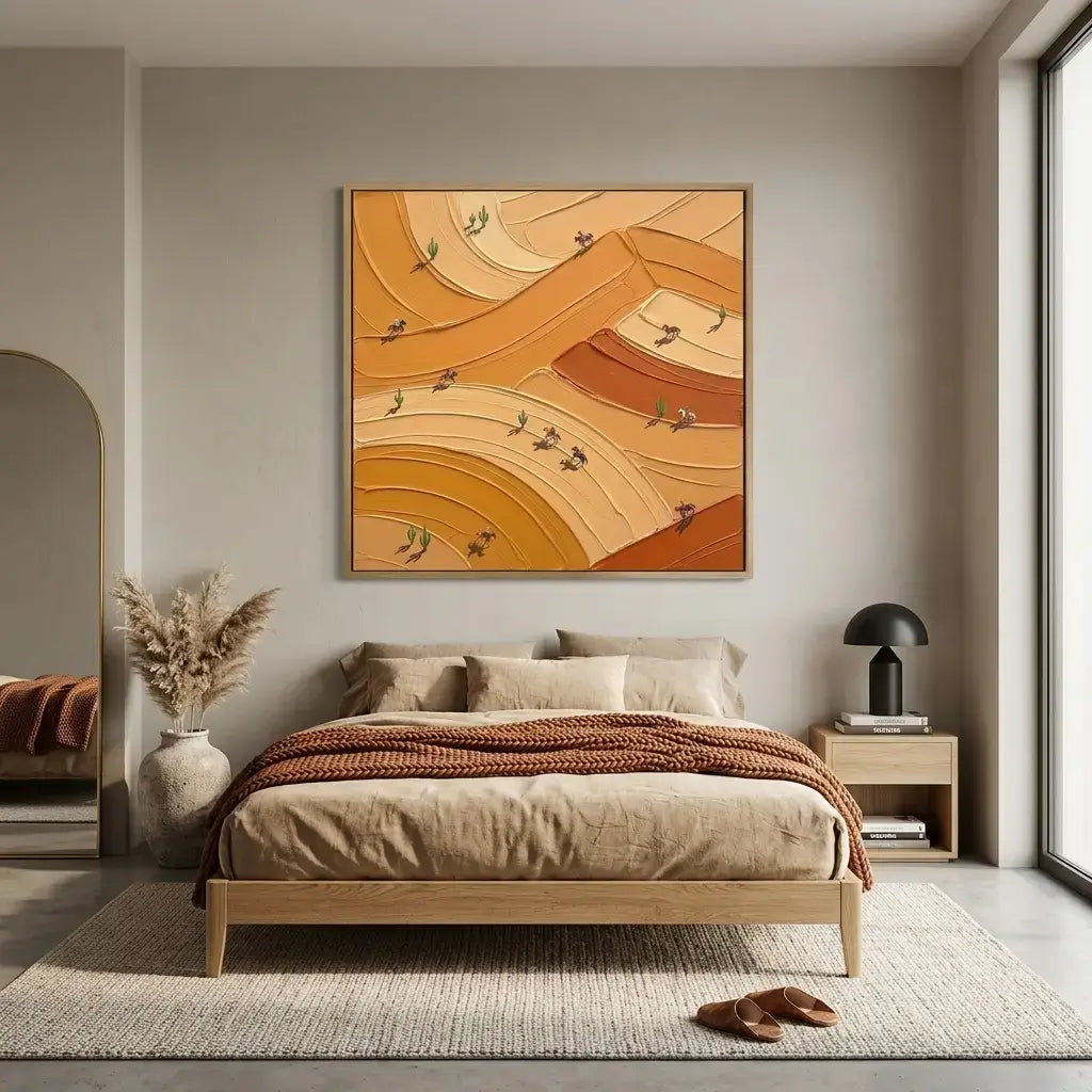 Modern bedroom with a bed, abstract wall art, and side table.