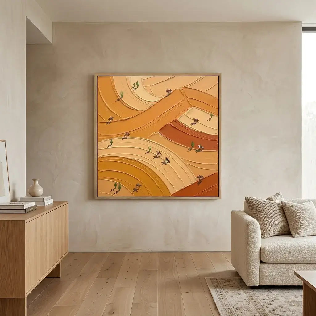 Living room with a abstract painting on the wall, wooden sideboard, and beige sofa.