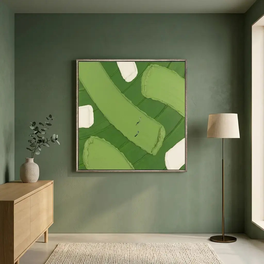 Green abstract painting on a wall in a room with a lamp and cabinet.