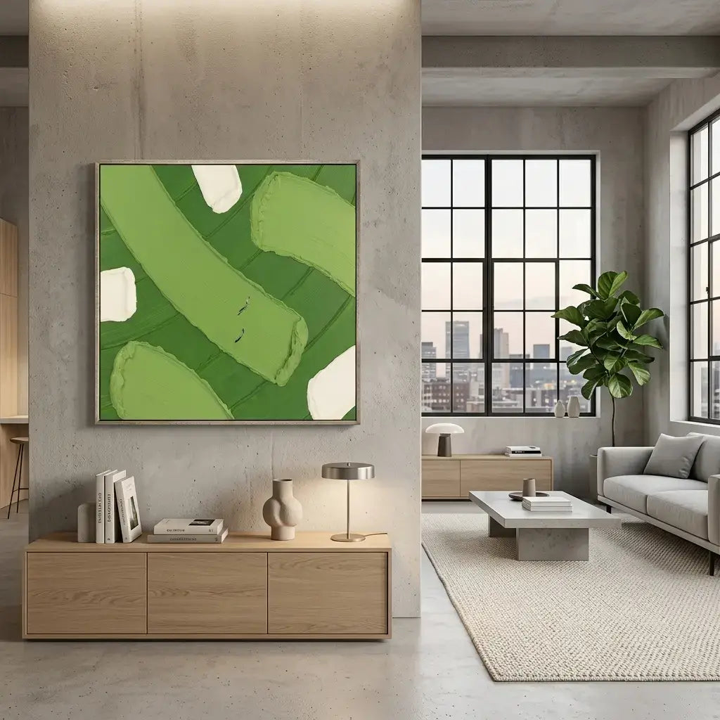 Modern living room with abstract green artwork on the wall