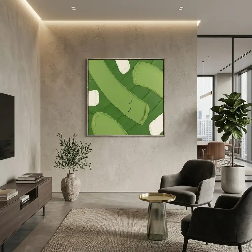 Modern living room with a green abstract painting on a textured wall.