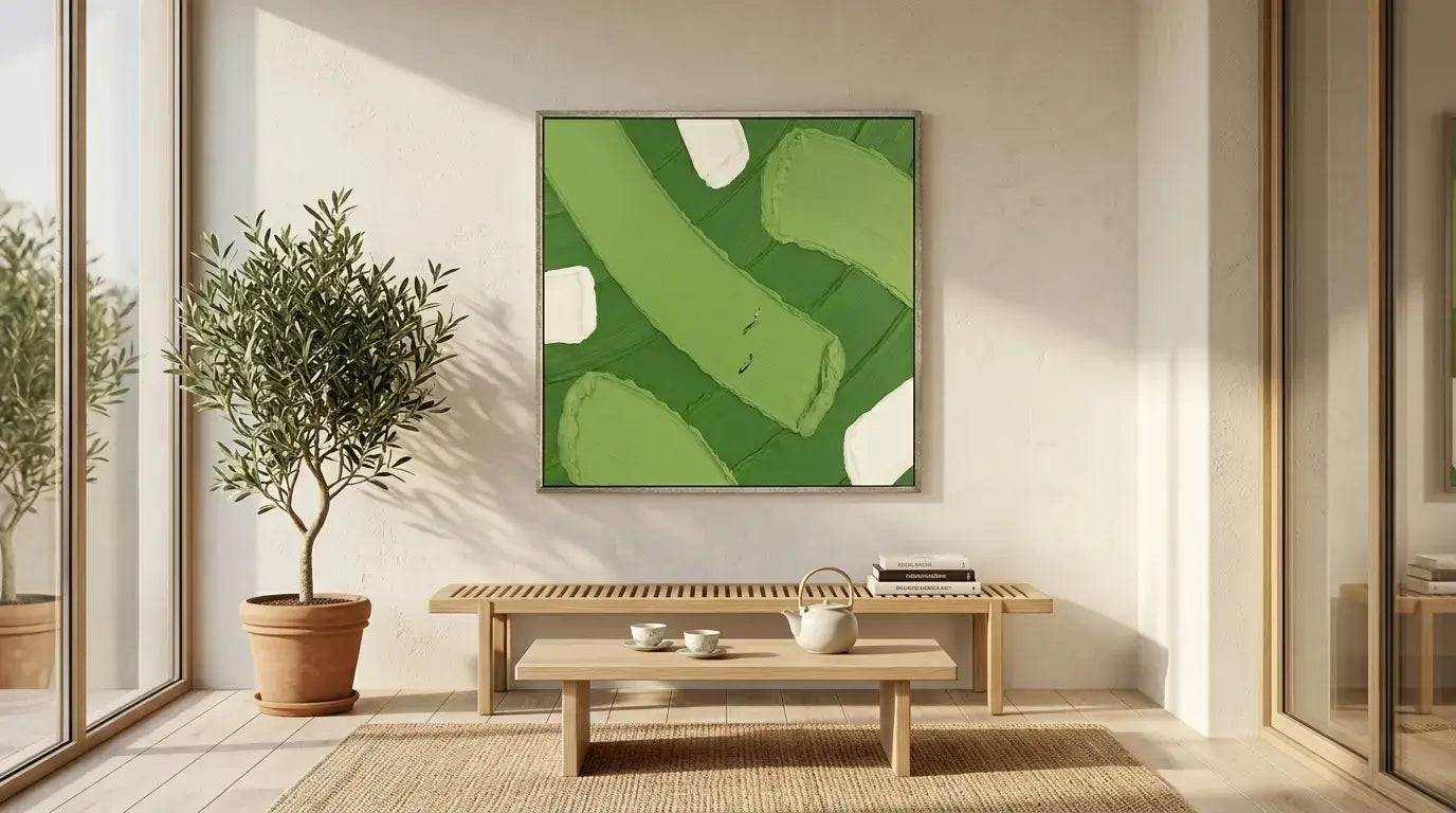 Modern interior with a green abstract painting on a wall, wooden bench, and potted plant.