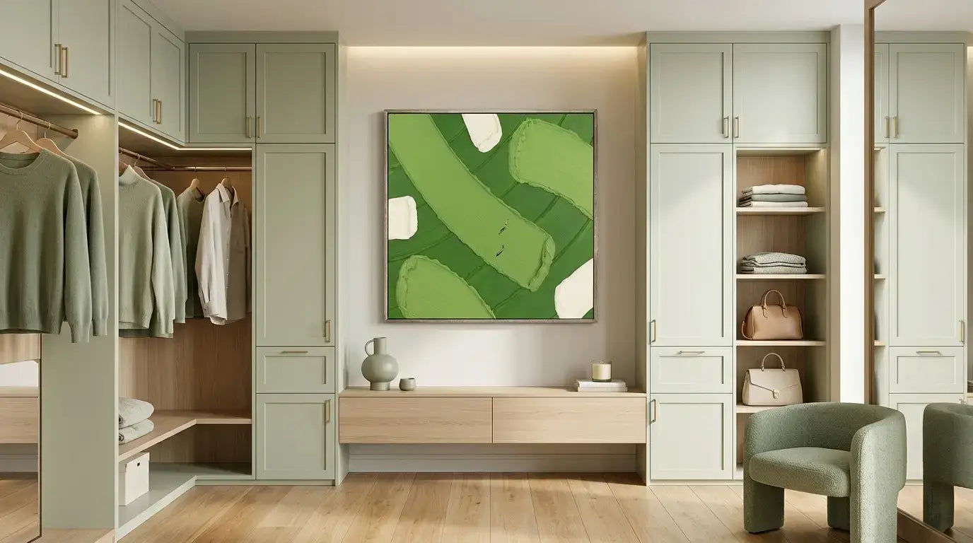 Modern interior design of a room with green abstract painting, wooden furniture, and green chair.