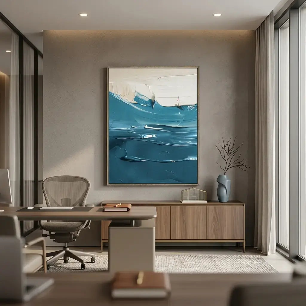 Modern office space with a desk, chair, and abstract painting on the wall.