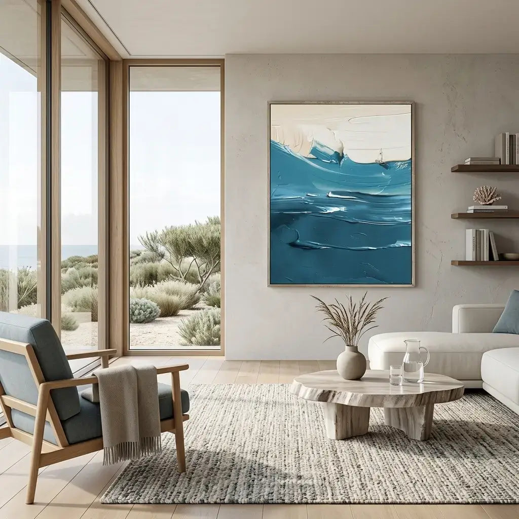 Modern living room with a large abstract painting of blue waves, a sofa, armchair, and coffee table.