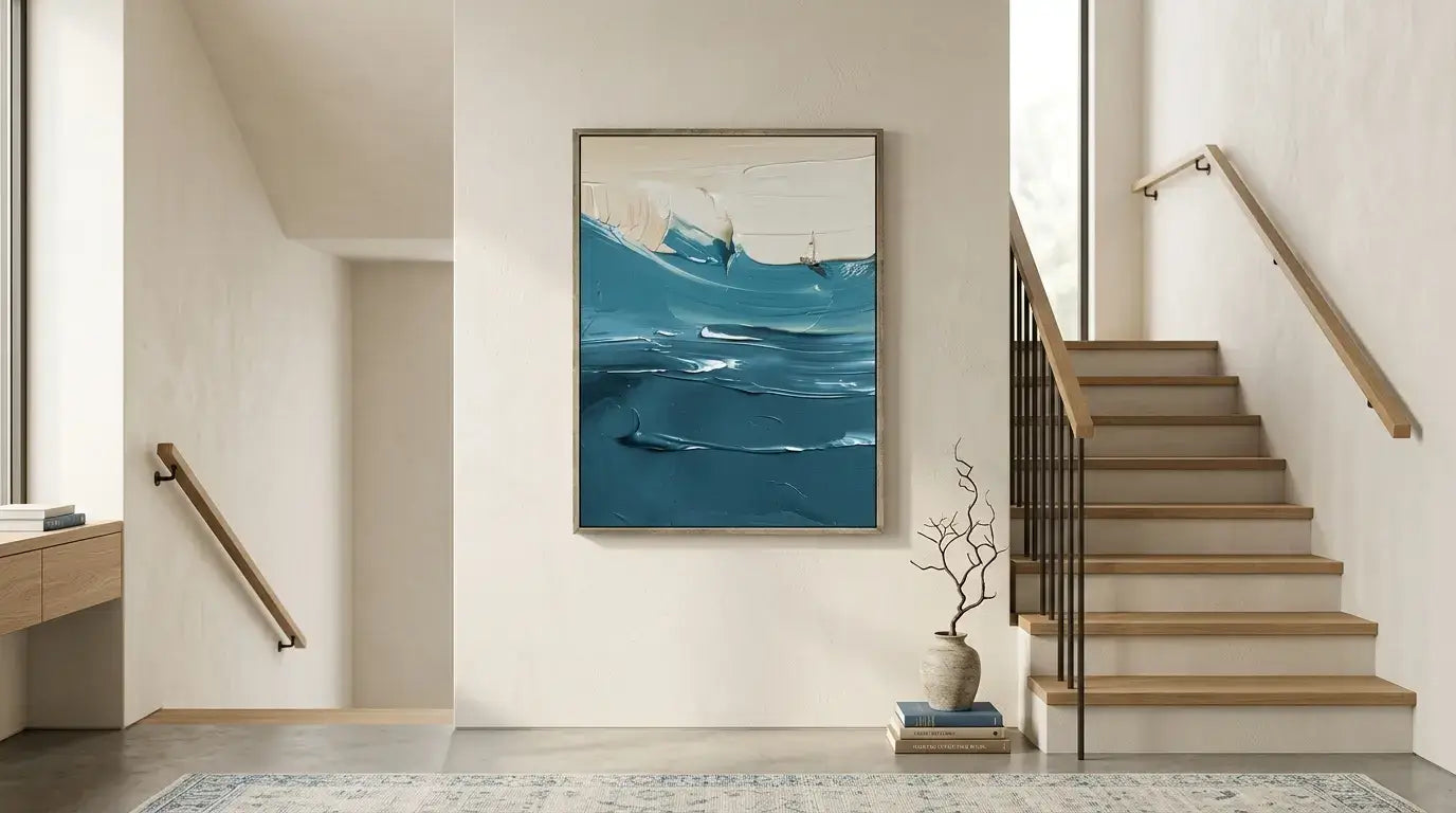 Modern interior with a framed artwork of a blue ocean scene on a wall above a staircase.