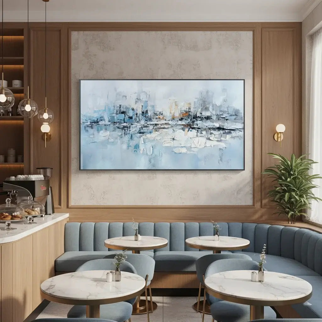 Modern interior with blue upholstered booths, round tables, and a large abstract painting on the wall.