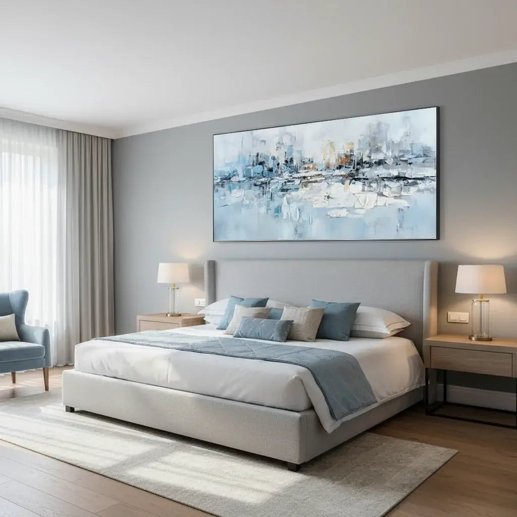Modern bedroom with a bed, nightstands, and abstract wall art.