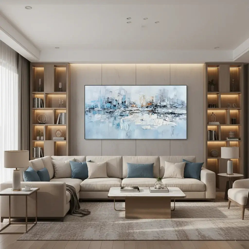 Modern living room with a beige sofa, coffee table, and wall art.