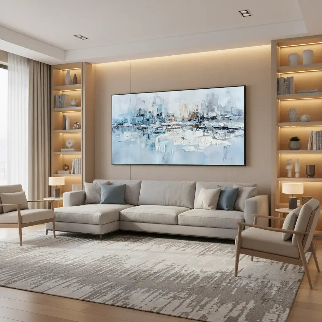 Modern living room with a sectional sofa, bookshelves, and a wall-mounted abstract painting.