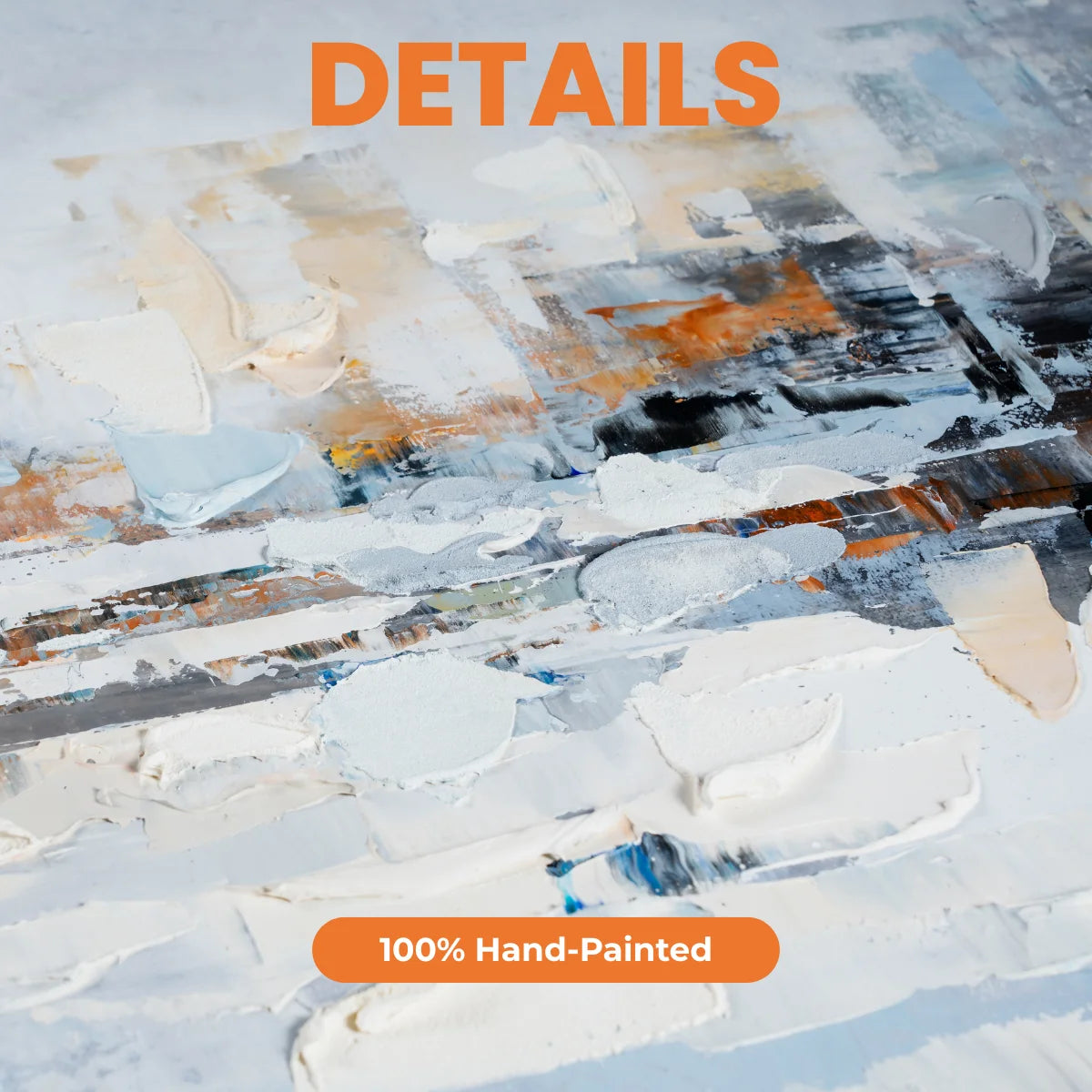 Abstract art with '100% Hand-Painted' label on a textured background