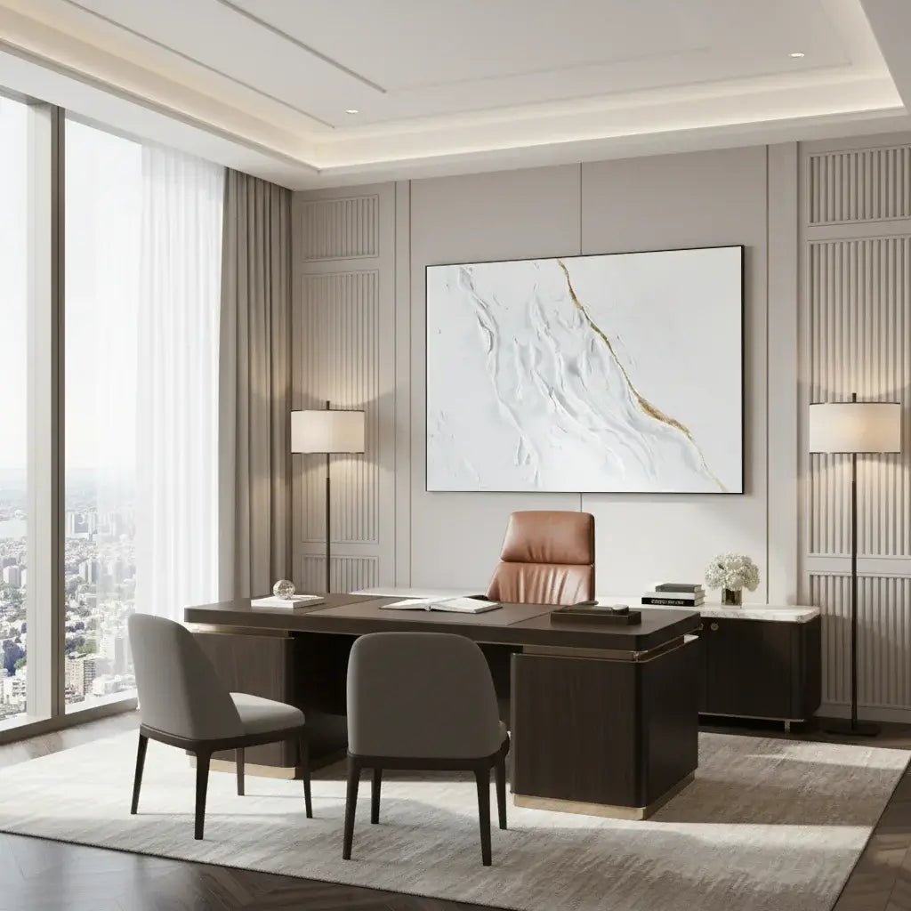 Modern office interior with a large desk, chairs, and wall art.