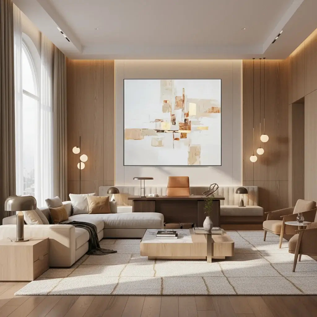 Modern living room with a desk, sofa, and abstract art on the wall.