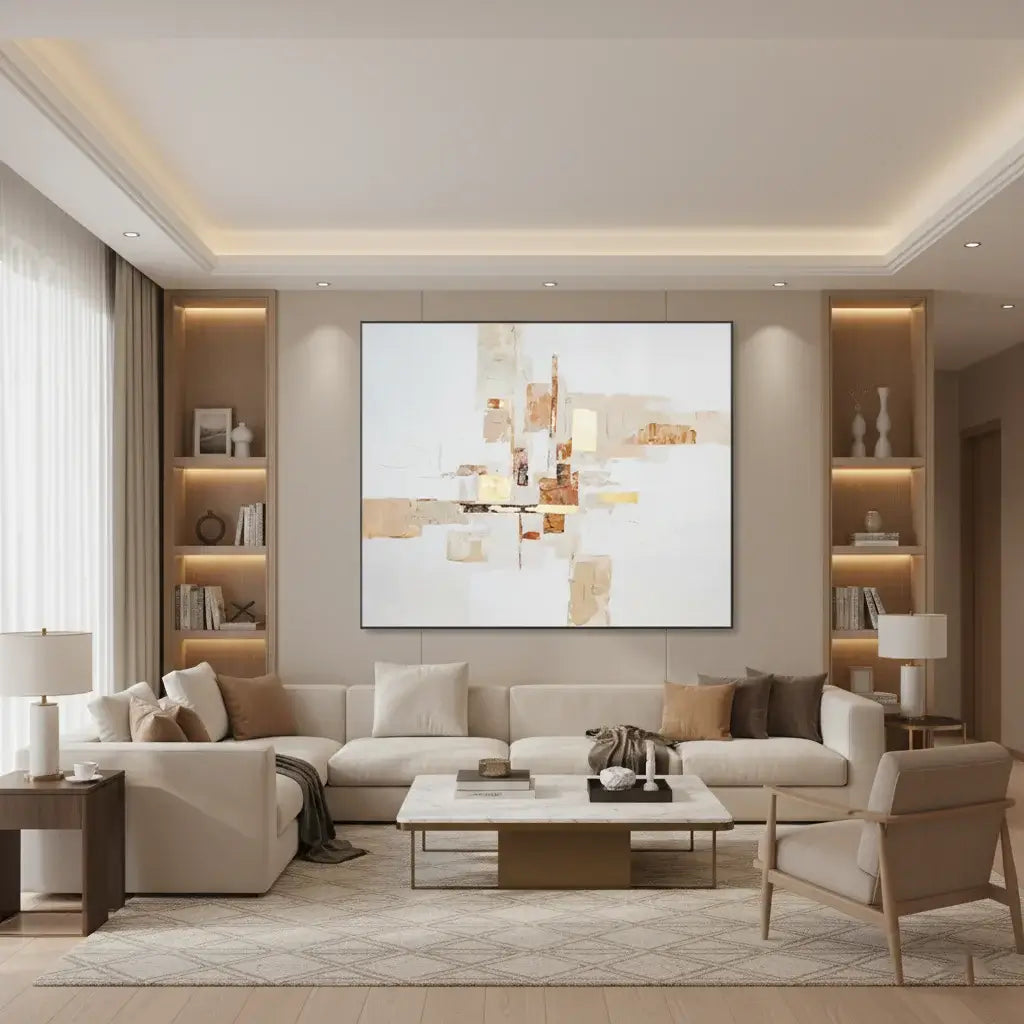Modern living room with beige sofa, coffee table, and abstract painting on wall.