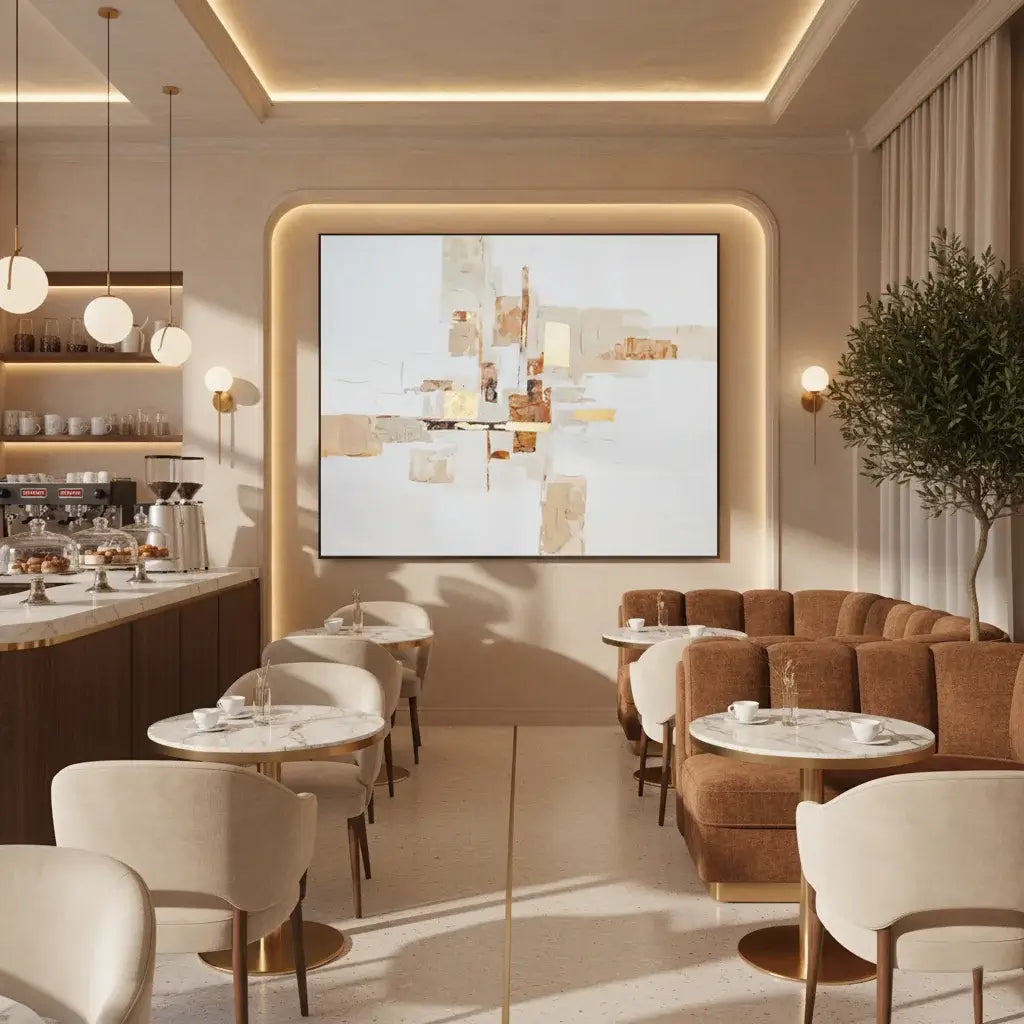 Modern cafe interior with tables, chairs, and a decorative wall art piece.